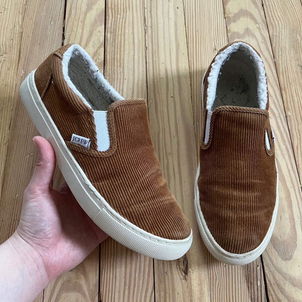 J.Crew Brown Corduroy Faux Shearling Lined Slip On Sneakers womens 8 boho casual